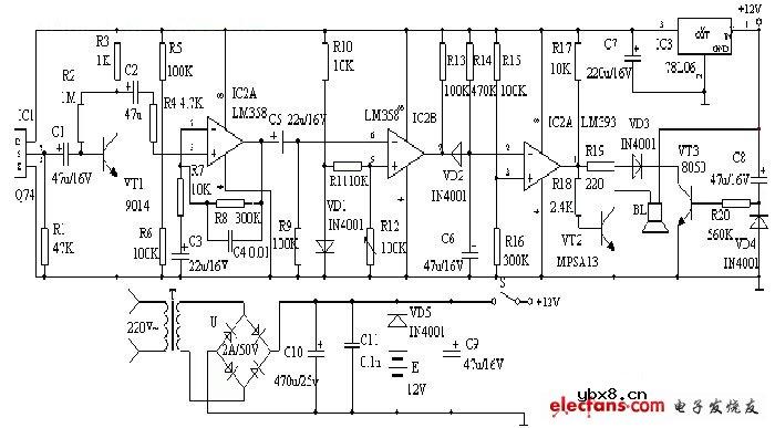 红外线探测防盗报警器电路图