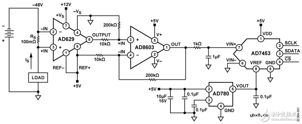 利用单电源器件测量−48V高端电流电路图