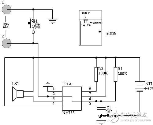 555组成的断线式报警器制作电路图
