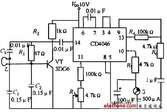 CD4046构成的金属探测仪电路
