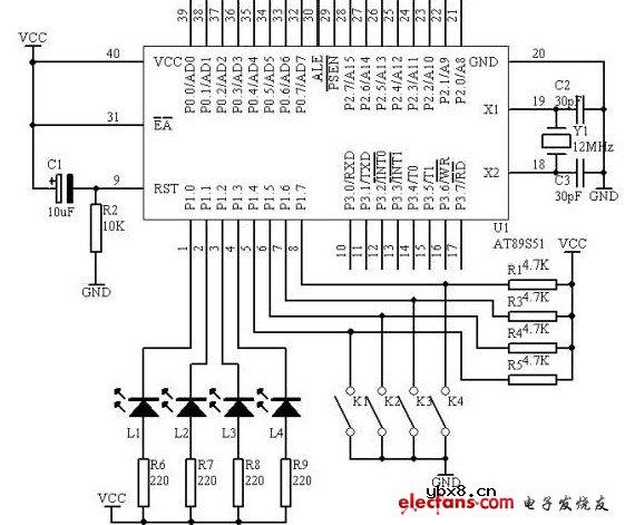 基于C51单片机的多路开关状态显示电路原理图