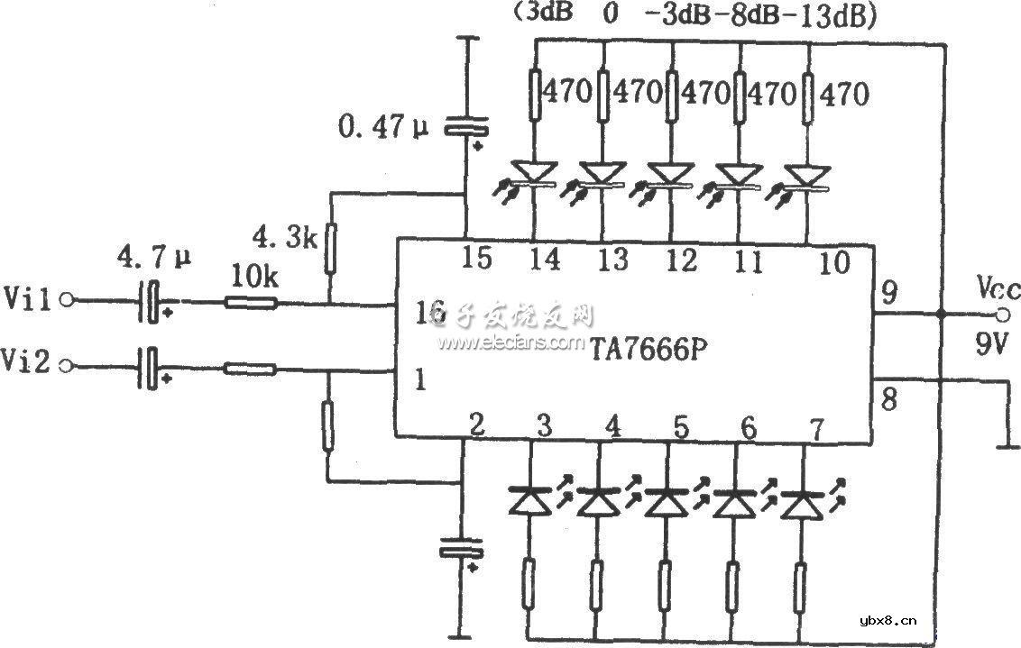 TA7666P双路五位LED电平显示驱动电路原理图
