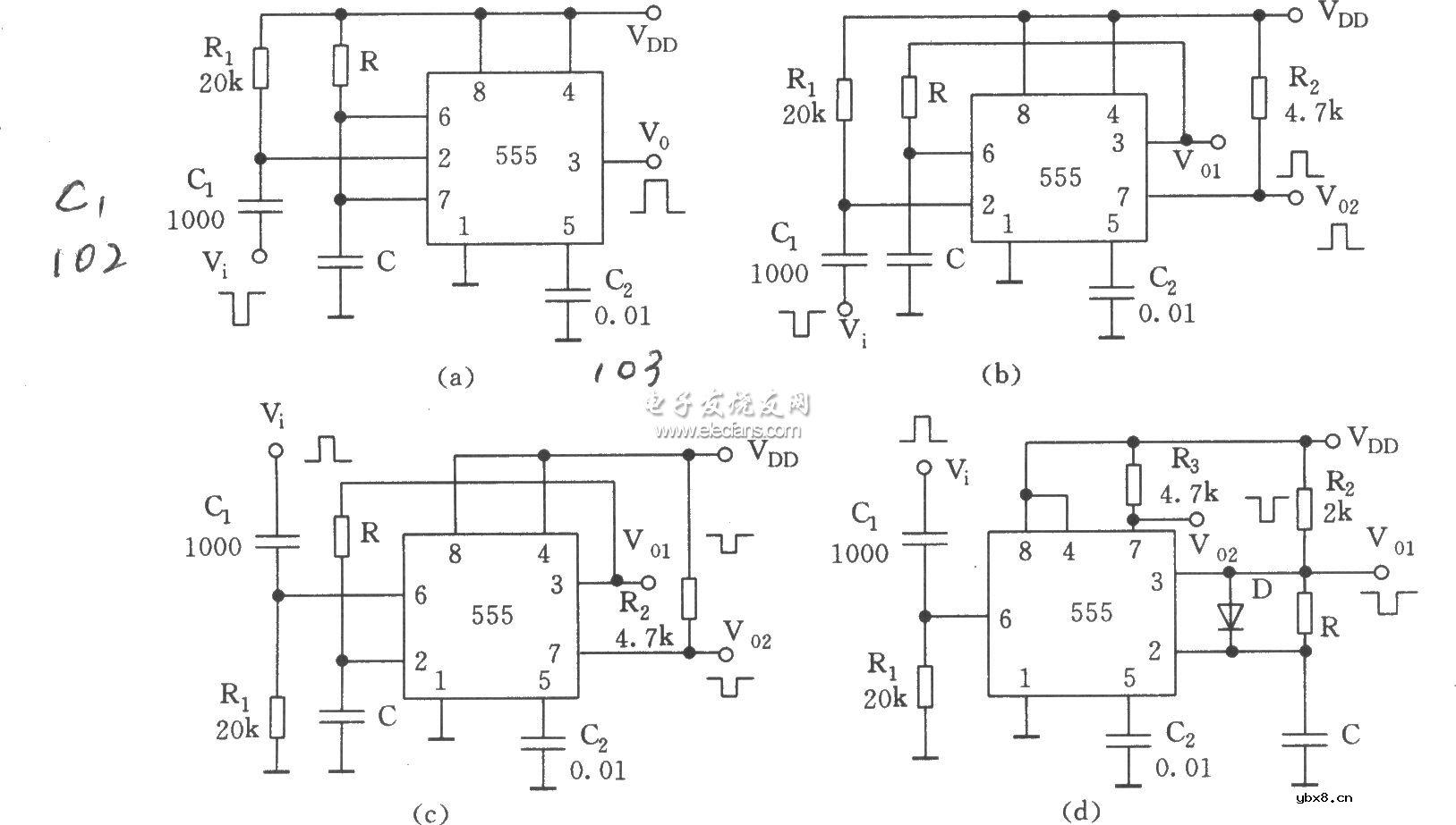 555构成的单稳态触发器的四种电路