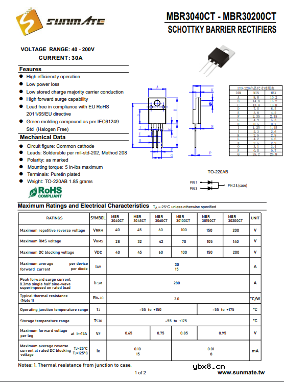 MBRF3040CT肖特基二极管40V电压产品参数介绍