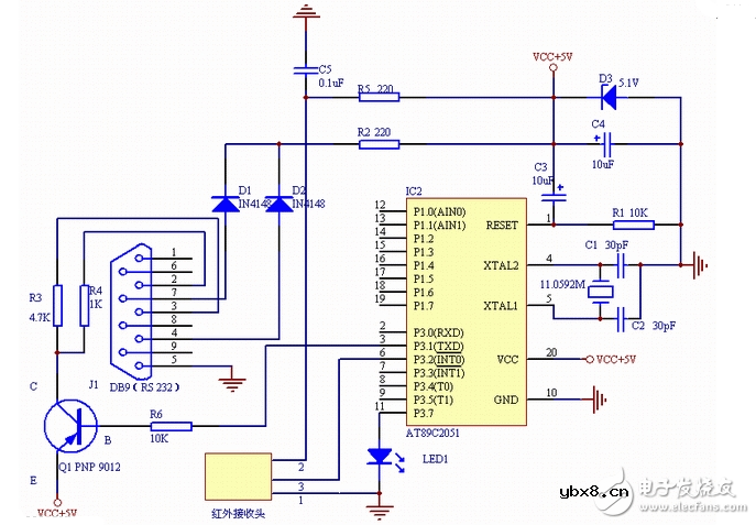 简单的2051单片机电脑遥控器电路图