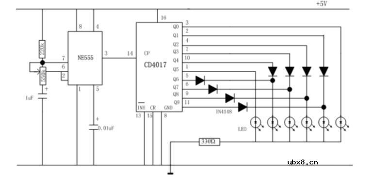 5款简单跑马灯电路图大全（八路跑马灯/CD4017/SH9043跑马灯电路图分享）