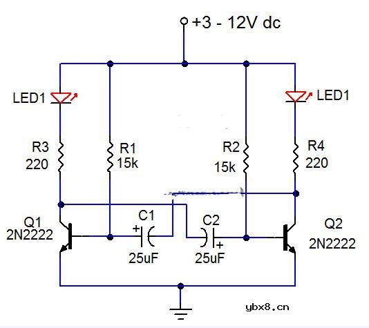 分立元件闪光器电路图_分立元件的LED闪光器电路图
