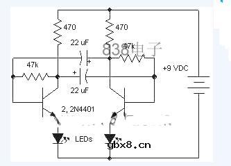 分立元件闪光器电路图_分立元件的LED闪光器电路图