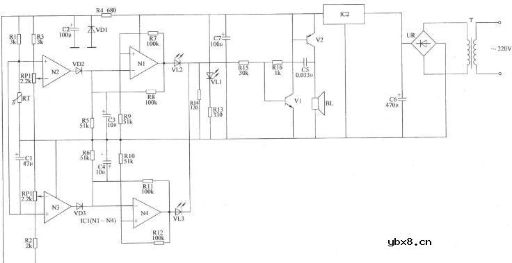 两列双限温度报警器电路图
