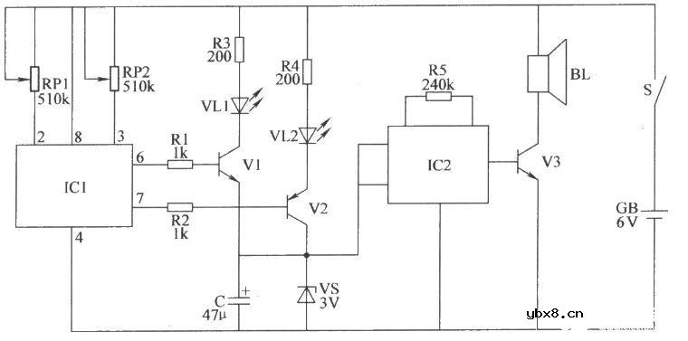 两列双限温度报警器电路图