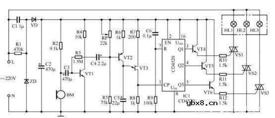 声控彩灯控制器电路图