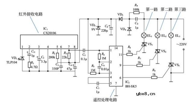 遥控电路图讲解（照明灯多路红外遥控电路/自制遥控开关电路/红外遥控开关电路）