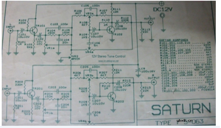 低成本12V立体声音调控制的电路图