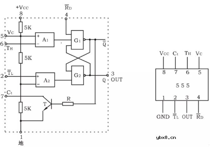 555集成电路原理图（555时基电路/555集成电路/555定时器单稳态触发器电路）