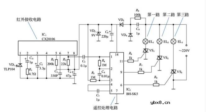 遥控电路图（照明灯多路红外遥控电路/红外遥控开关电路/航模遥控开关电路）