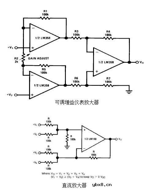 6种简单电路图之LM358应用电路图（直流耦合低通RC有源滤波器 低漂移峰值检测器）