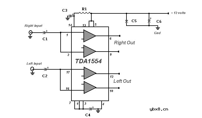 基于TDA1554的22瓦立体声功率放大器电路