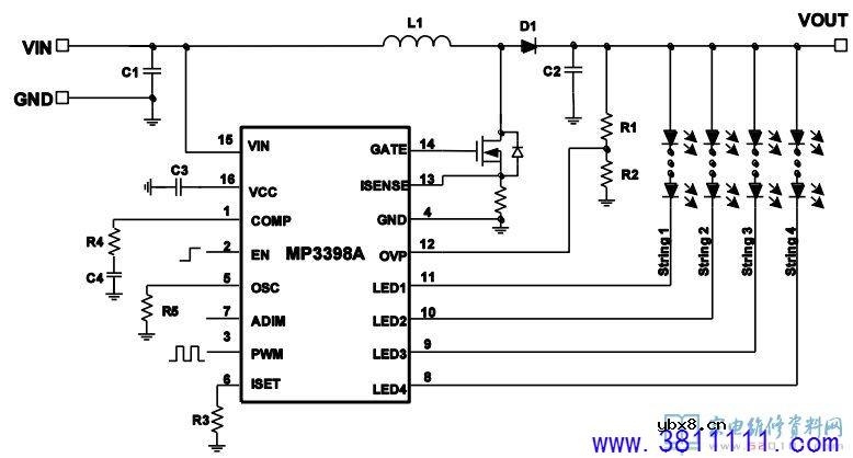 液晶电源管理芯片MP3398A是一款具有4个电流通道的升压控制器 
