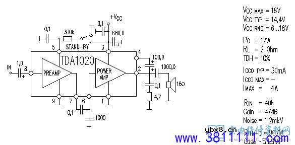 车载收音机功率放大器TDA1020应用电路图 