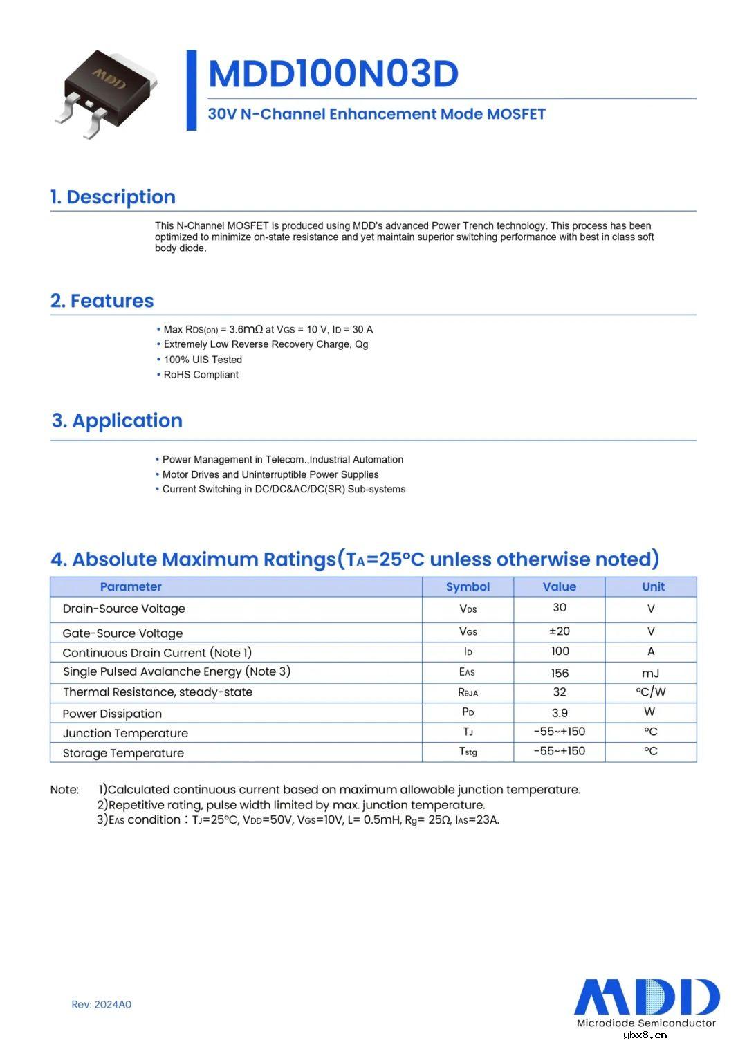MDD辰达半导体MDD100N03D  先进Trench工艺N沟道的大电流低内阻MOS