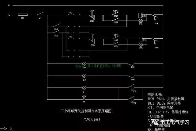 水位浮球开关怎么接线?浮球开关控制两台排污泵一备一用，水位超高时两台同时启动线路 
