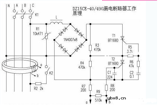 三相四线漏电保护器开关接线原理图