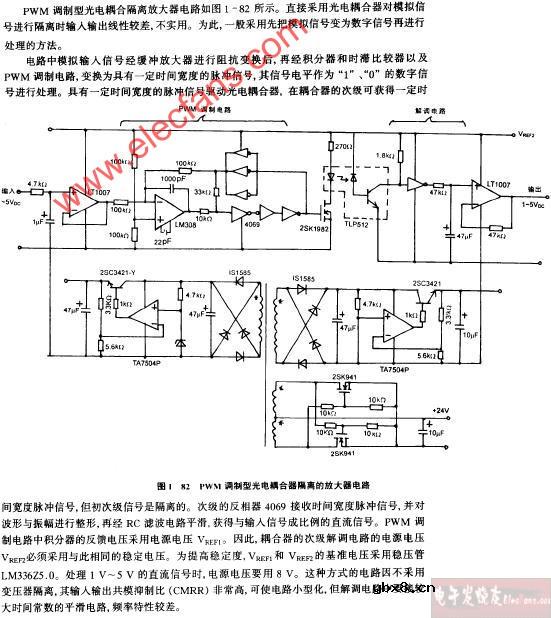 PWM调制型光电耦合器隔离的放大器电路图